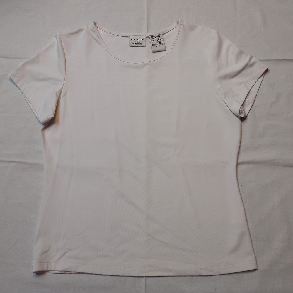 Covington Shirt Women's Petite Medium White Sheer Short Sleeve Round Neck Tee